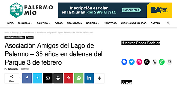 Asociación Amigos del Lago de Palermo - 35 años en defensa del Parque 3 de Febrero